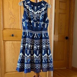 Embroidered Navy Sleeveless Fit & Flare Dress